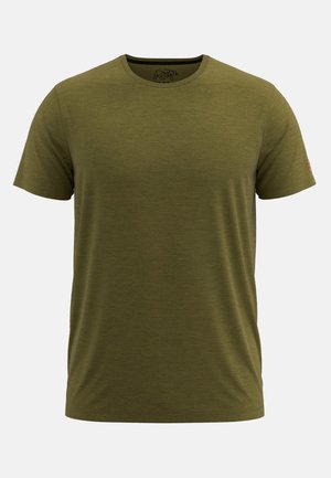 Olijfgroen T-shirt met korte mouwen, gemaakt van lichte stof, featuring een ronde hals en een klein logo op de mouw. Glad oppervlak.