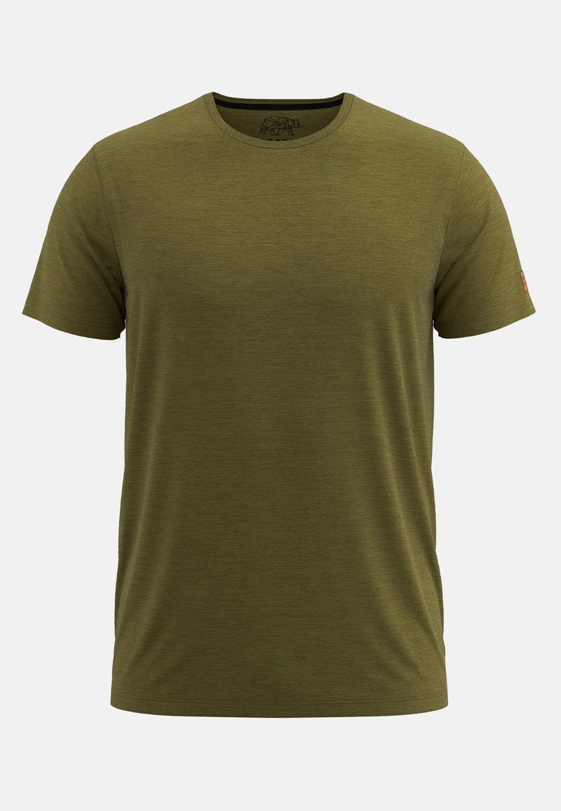 Camiseta de manga corta verde oliva hecha de tela ligera, con cuello redondo y un pequeño logo en la manga. Textura suave.