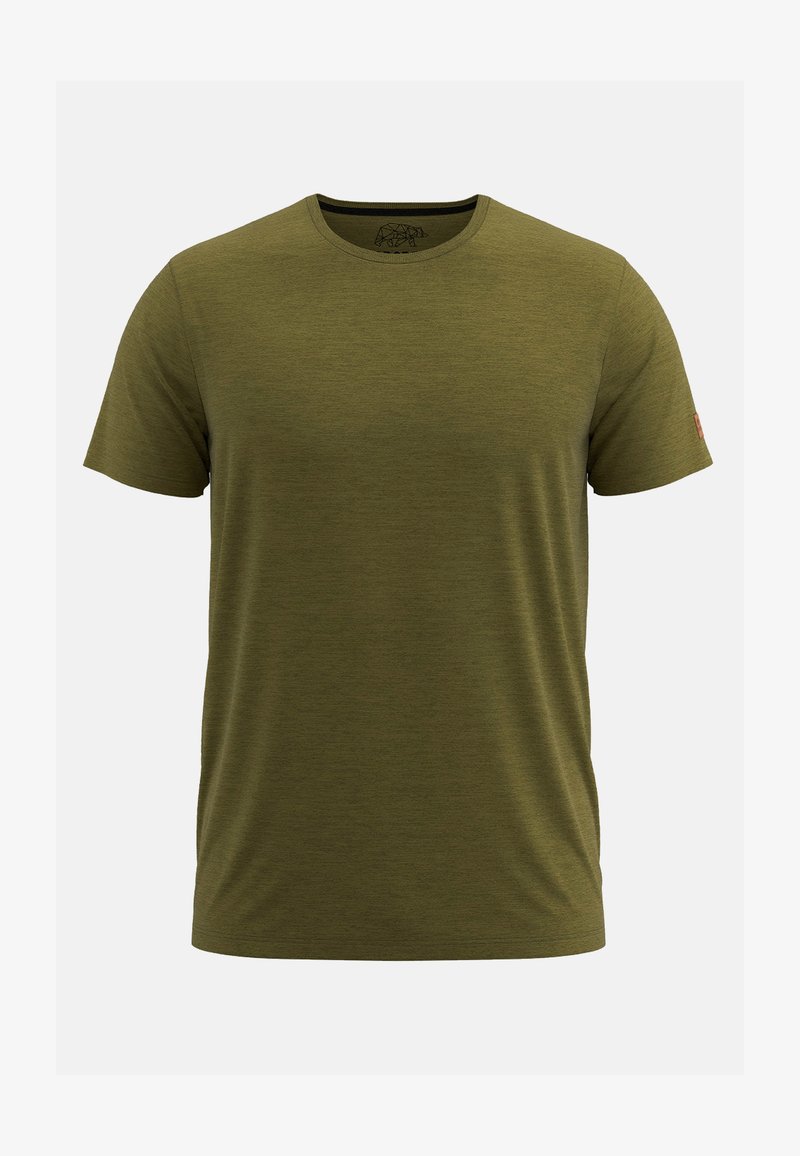 Olivgrünes T-Shirt mit kurzen Ärmeln aus leichtem Stoff, mit Rundhalsausschnitt und einem kleinen Logo auf dem Ärmel. Glatte Textur.