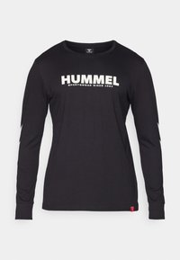 Juodas ilgomis rankovėmis marškinėliai, pagaminti iš medvilnės, su išryškintu baltu "HUMMEL" logo ir zigzagais ant rankovių.