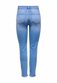 Jeans skinny bleu taille haute avec deux poches arrière, délavage légèrement usé, et ourlet longueur cheville sur fond blanc.