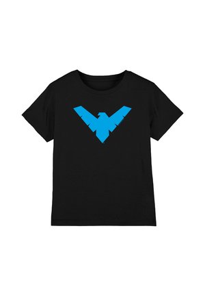 Black short-sleeve t-shirt with a large blue stylized bird emblem centered on the chest.