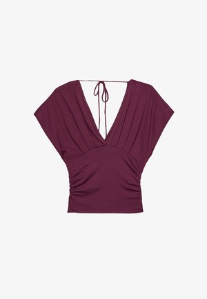 Hlboký slivkový top s V-výstrihom, krátkymi rukávmi, nabrúseným predným detailom a uzáverom na zadnej strane s viazaním. Vyrobené z mäkkej, pružnej látky.