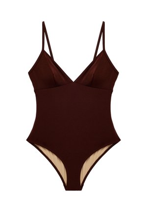 Costume intero marrone scuro con spalline sottili e scollatura a V, caratterizzato da una fodera interna beige chiaro alle aperture delle gambe.