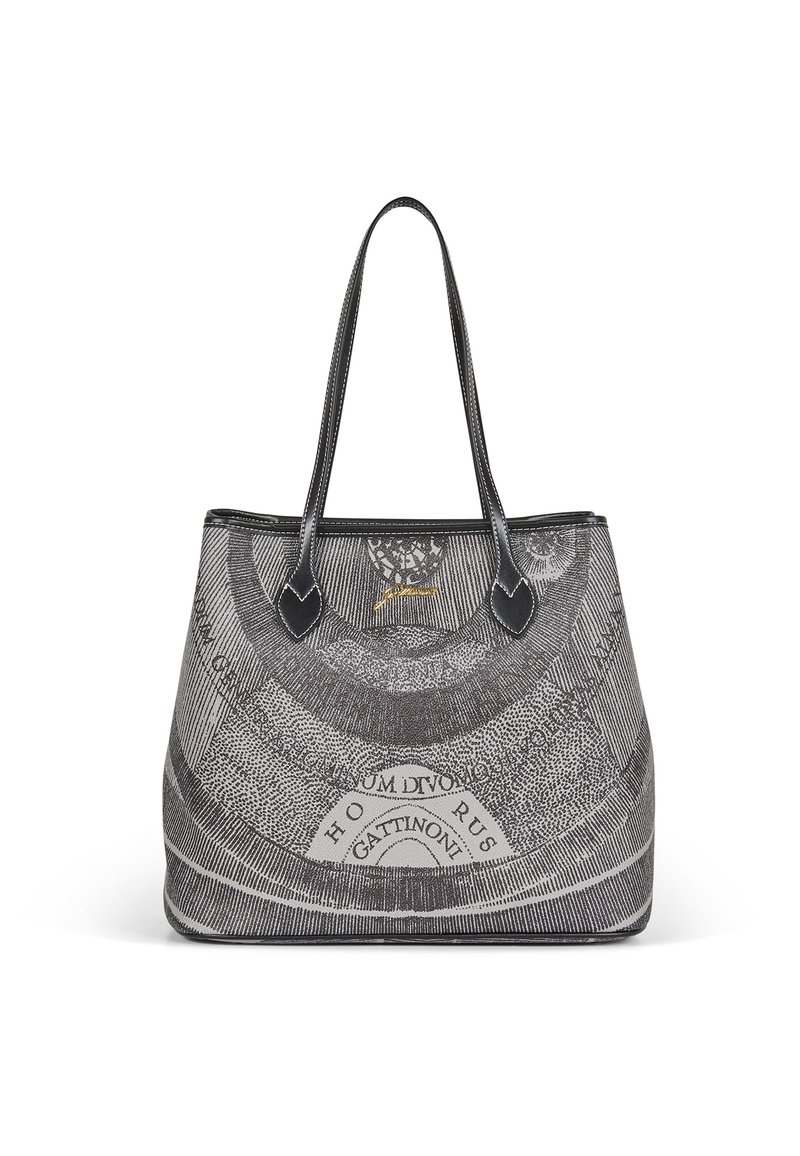 Sac fourre-tout gris et noir avec de longues poignées noires, ornée de texte circulaire abstrait et d'un petit logo doré au centre avant.