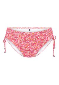 Parte inferiore di bikini rosa con un motivo floreale e paisley, lacci laterali regolabili con perline decorative e un interno bianco liscio.