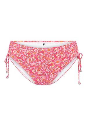 Roze bikini onderkant met een bloemen- en paisleypatroon, verstelbare zijbandjes met decoratieve kralen en een gladde witte voering.