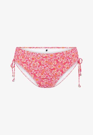 Roze bikini onderkant met een bloemen- en paisleypatroon, verstelbare zijbandjes met decoratieve kralen en een gladde witte voering.