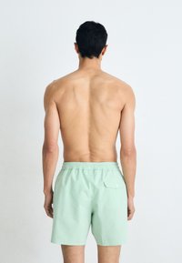 Grønnstripede svømmebukser med elastisk midje og en baklomme. Stoffet ser lett ut med en glatt overflate.