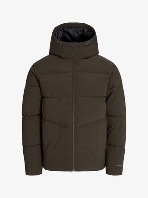 Tamsiai alyvuogių spalvos pūkinė striukė, su pilnu priekinės užtrauktuko, gobtuvu ir siuvinėta tekstūra, su kampine siūlių detale ant kūno.