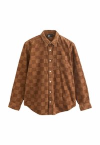 Ruskea corduroy-paita, jossa on ruudullinen kuvio, napitettava etuosa, kaulus ja yksi rintatasku. Pitkät hihat, joissa on napitetut hihansuut.