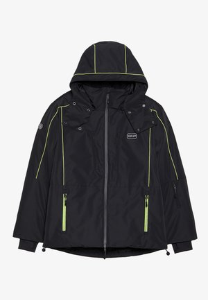 Zwarte waterdichte jas met een capuchon, voorzien van neon groene accentlijnen, meerdere ritszakken en verstelbare koorden aan de onderkant.