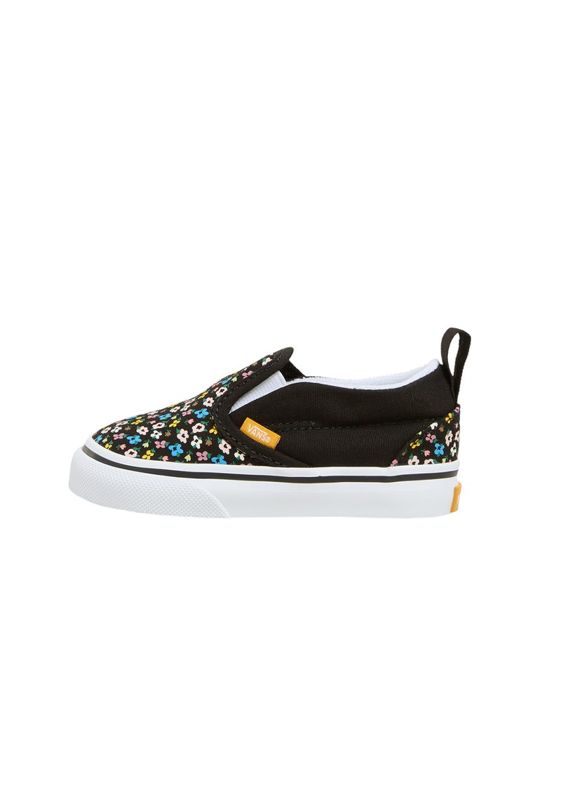 Black floral slip-on shoes featuring a fabric upper with multi-colored flower patterns, white rubber sole, and a pull tab at the heel.