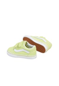 Sneakers gialli glitterati con accenti bianchi e cinturini in velcro; suola in gomma con un motivo a nido d'ape; punta arrotondata e collarino imbottito.