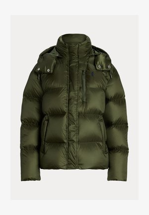 Olive green puffer jacket with high collar, detachable hood with snap buttons, front zipper pocket, and side pockets.