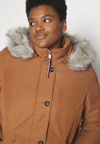 Brown parka with faux fur hood trim, front zip closure, and button accents. Features a contrasting striped zipper pull and smooth fabric texture.