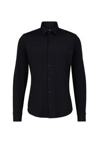 Schwarze Langarm-Hemdbluse aus glattem Material, mit einem umklappbaren Kragen, sieben Knöpfen auf der Vorderseite und taillierten Manschetten.