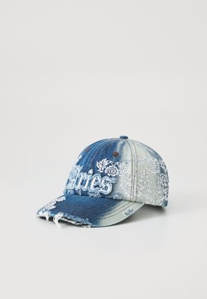 Denim cap with a blue to light blue gradient, floral embroidery, distressed fabric, and a curved brim. Features a stitched logo on the front.