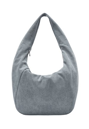 Sac en tissu gris avec une silhouette décontractée, doté d'une anse supérieure incurvée et d'une fermeture zippée. Texture douce avec des coutures minimales.