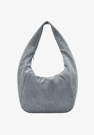 Graue Stoff-Schultertasche mit lässiger Silhouette, ausgestattet mit einem gebogenen Oberhandgriff und einem Reißverschluss. Weiche Textur mit minimalen Nähten.