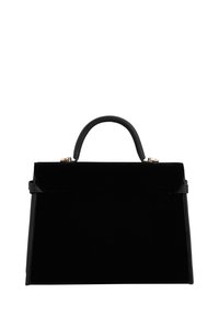 Black velvet handbag with a structured shape, a top handle, and gold-tone hardware. Features a flap closure and smooth leather accents.