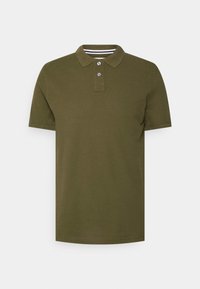 Olive green polo shirt made of cotton, featuring a classic collar, three-button placket, and short sleeves. Smooth texture, no visible patterns.