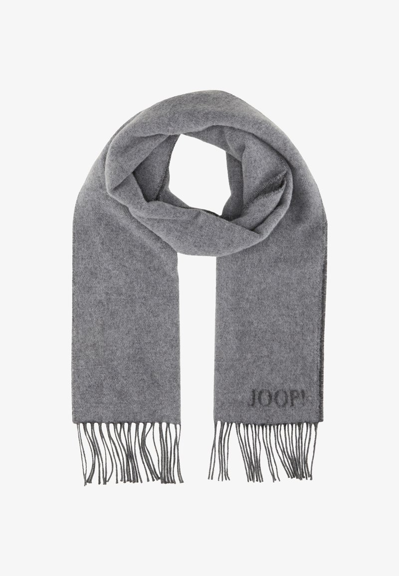 Gray wool scarf featuring fringed edges and a subtle logo detail. Soft texture and rectangular shape, suitable for various styles.