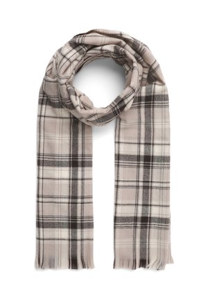 Sciarpa a motivo plaid in morbido tessuto, con una base beige e linee marroni scure e bianche. Bordo rifinito con leggeri sfilacciamenti. Disposizione circolare.