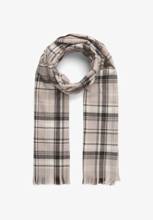 Sciarpa a motivo plaid in morbido tessuto, con una base beige e linee marroni scure e bianche. Bordo rifinito con leggeri sfilacciamenti. Disposizione circolare.