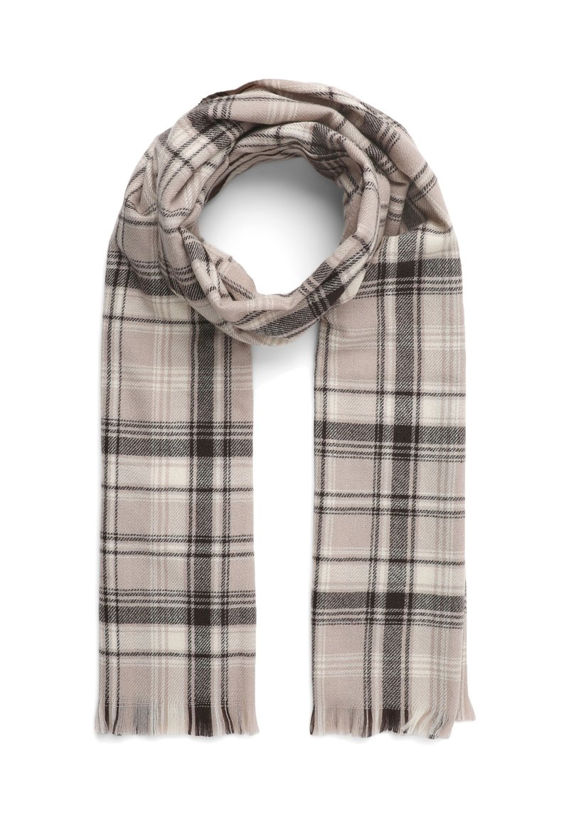 Szalik w kratę z miękkiego materiału, z beżową bazą i ciemnobrązowymi oraz białymi liniami. Wykończone brzegi z delikatnym strzępieniem. Okrągły kształt.