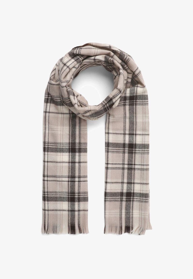 Szalik w kratę z miękkiego materiału, z beżową bazą i ciemnobrązowymi oraz białymi liniami. Wykończone brzegi z delikatnym strzępieniem. Okrągły kształt.