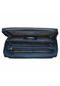 Navy blue wallet made of smooth leather, featuring a zip closure, multiple card slots, and a zippered coin compartment. Interior has a patterned lining.