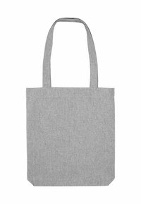 Borsa a spalla in tessuto grigio con due lunghe maniglie. Design rettangolare semplice, superficie liscia, senza motivi o decorazioni visibili.