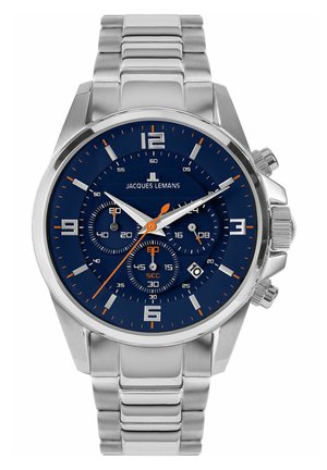 Edelstahl-Uhr mit blauem Zifferblatt, orangefarbenen Akzenten, Chronographen-Subdials und einer Datumsanzeige um 6 Uhr. Silbernes Armband.