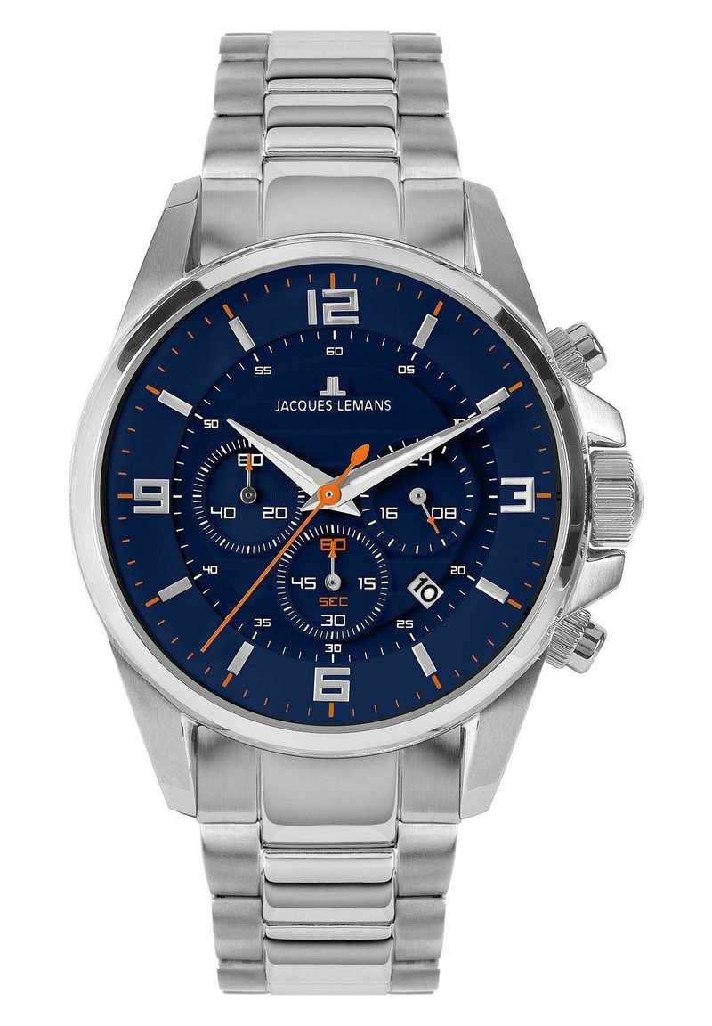 Edelstahl-Uhr mit blauem Zifferblatt, orangefarbenen Akzenten, Chronographen-Subdials und einer Datumsanzeige um 6 Uhr. Silbernes Armband.