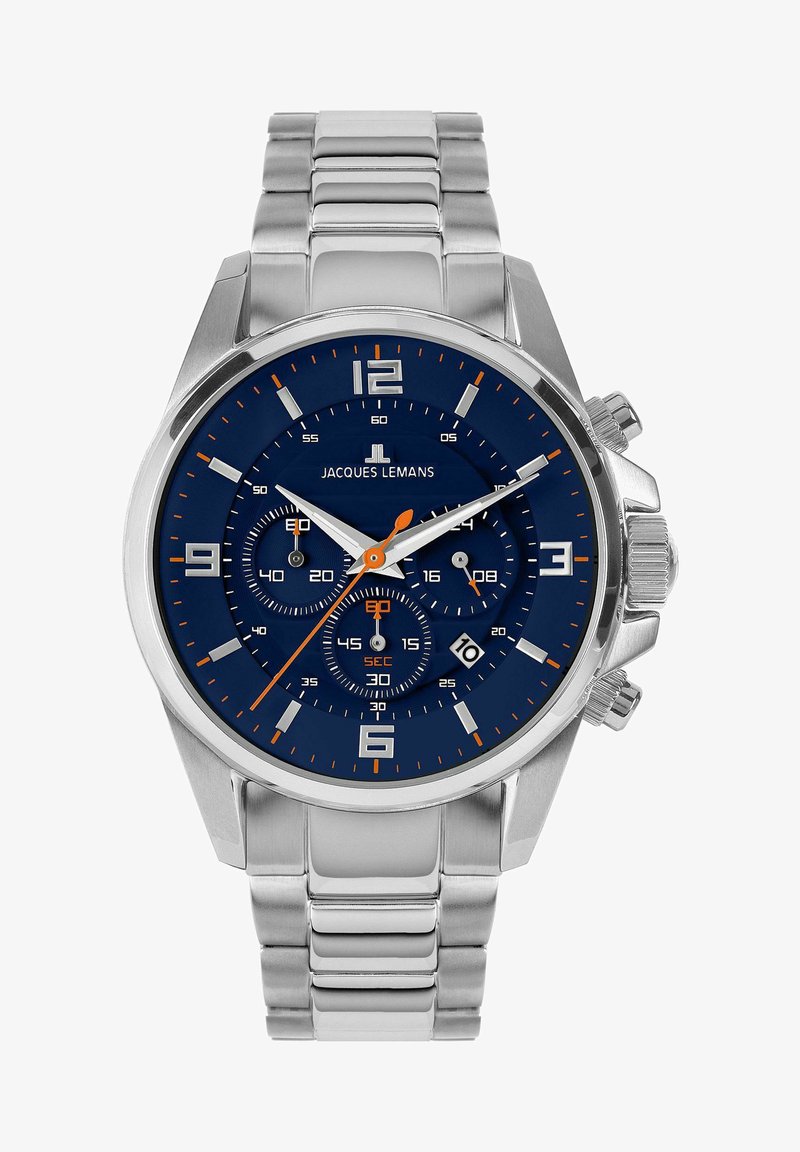 Stålur med blå urskive, har orange detaljer, chronograph underdials og datovisning klokken 6. Sølv armbånd.