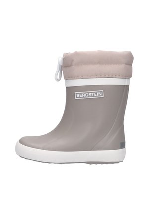 Grijze rubberen regenlaars met witte zool, beige stoffen manchet met trekkoord en "BERGSTEIN" logo aan de zijkant.