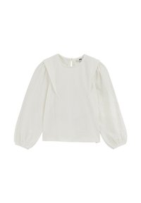 Blouse blanche avec manches longues bouffantes, tissu texturé et encolure ronde. Comprend des fronces aux épaules et une fermeture dos avec un trou de serrure.