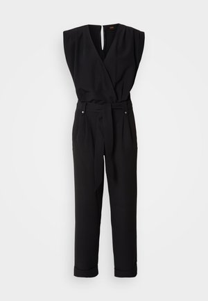 Black sleeveless jumpsuit with a wrap design, belted waist, straight legs, and a V-neckline. Features a keyhole back opening and side pockets.