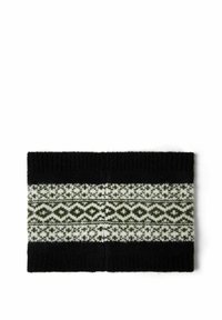 Fekete kötött nyakmelegítő zöld és fehér mintázattal. Puha tapintású, bordázott szélekkel rendelkezik. Kerek formájú a melegség érdekében.