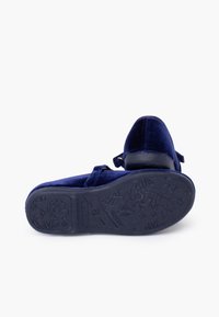 Zapatos de terciopelo azul marino con suela plana, que presentan un patrón floral en la suela y una correa ajustable para un mejor ajuste. Diseño de punta redondeada.