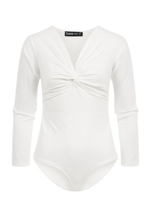 Body de manga larga blanco con detalle de nudo retorcido en el escote profundo en V y una silueta ajustada.