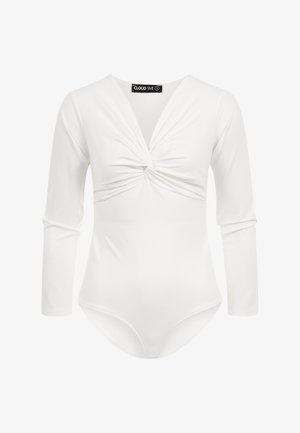 Białe body z długim rękawem ze skręconym węzłem przy głębokim dekolcie w kształcie litery V i dopasowaną sylwetką.