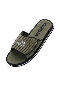 Sandale à glissière de couleur vert olive avec une sangle texturée, un passepoil noir et une semelle intérieure à motifs. Logo de la marque affiché de manière proéminente sur la sangle.