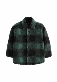 Giacca oversized in felpa a quadri verde e nera con colletto e chiusura a bottoni a pressare, caratterizzata da una finitura morbida e testurizzata.