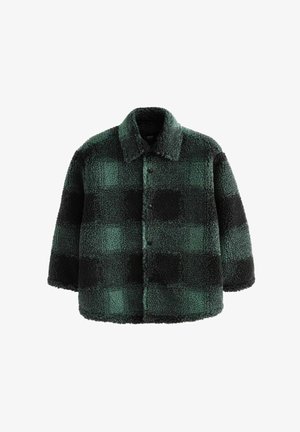 Green and black plaid oversized fleece jacket with a collared neckline and snap button closure, featuring a soft, textured finish.