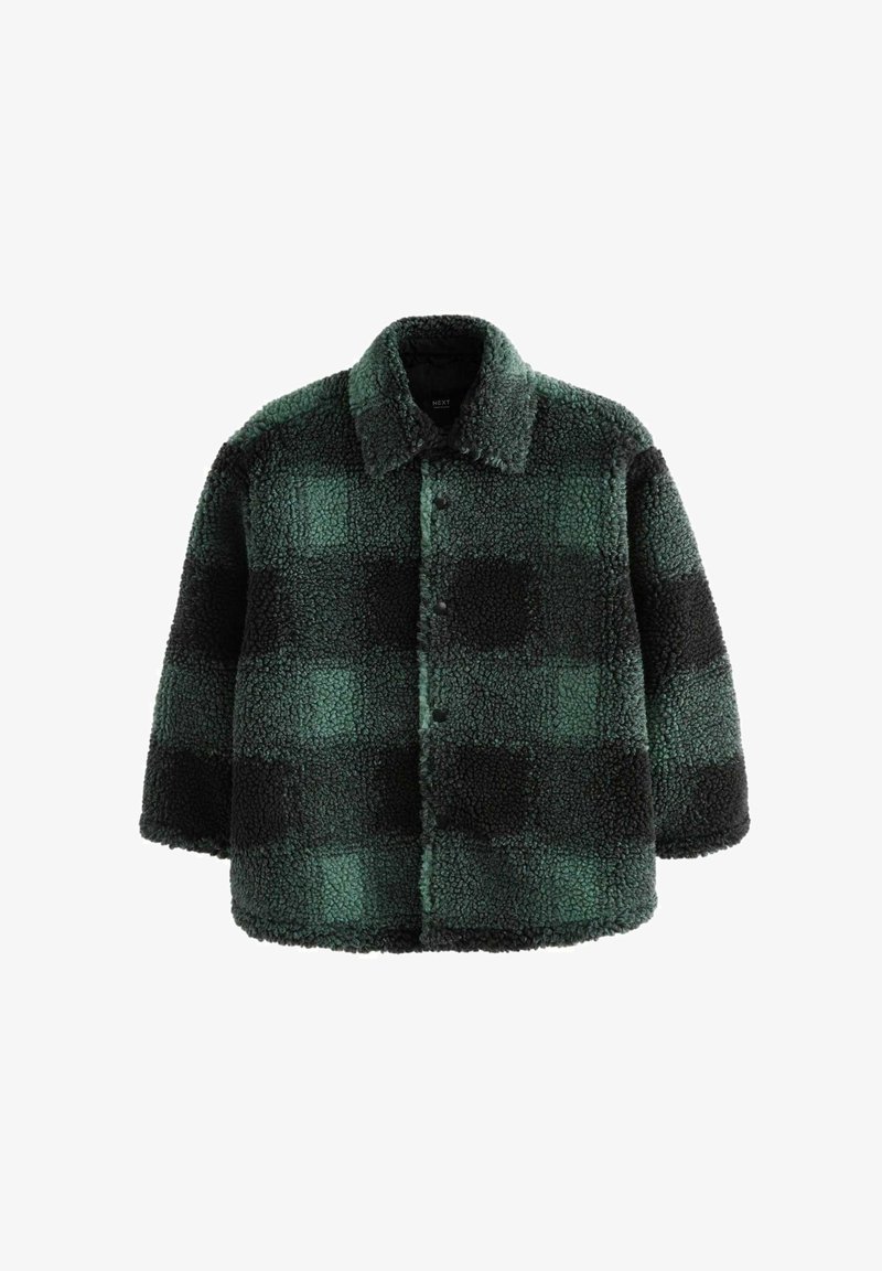 Giacca oversized in felpa a quadri verde e nera con colletto e chiusura a bottoni a pressare, caratterizzata da una finitura morbida e testurizzata.