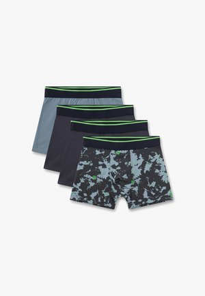 Vier Paar Herren-Boxershorts in Blau- und Schwarztönen, eines mit grün-grauem Tarnmuster, alle mit schwarzen Taillenbändern mit grünen Streifen.
