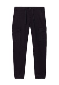 Zwarte cargobroek van zacht materiaal, met een trekkoord in de taille, twee zijzakken en elastische boorden voor een tapered fit.