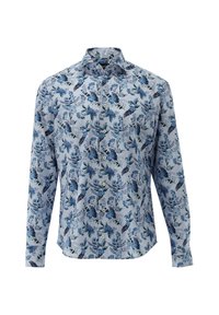 Camicia button-up azzurro chiaro con motivi floreali e di uccelli, maniche lunghe e colletto classico. Realizzata in tessuto morbido con una superficie liscia.